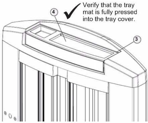 Verify that the tray mat is fully pressed into the tray cover. ④ ③