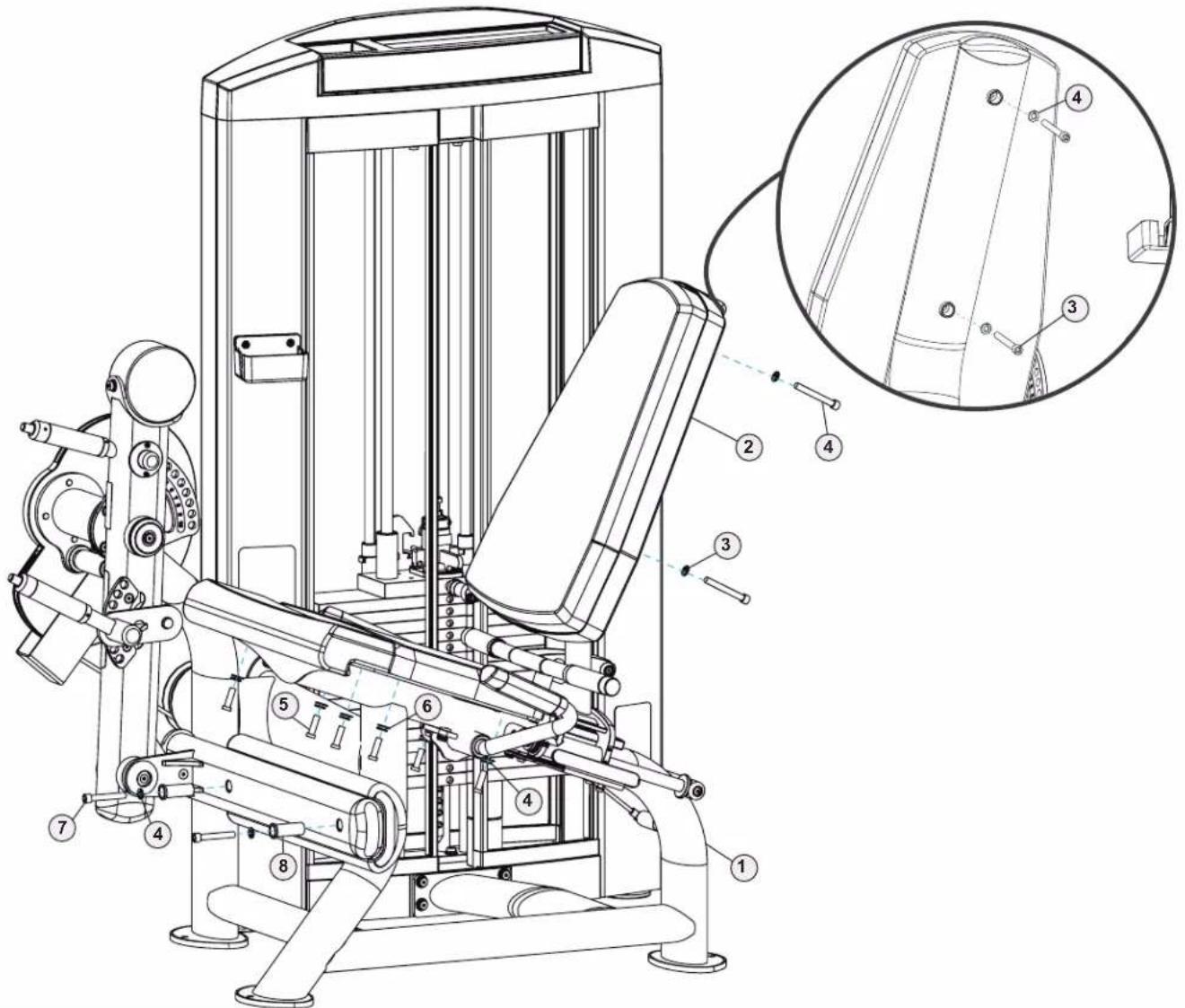 Technical diagram of a mechanical device with numbered components and an inset close-up view highlighting parts 1 through 7.