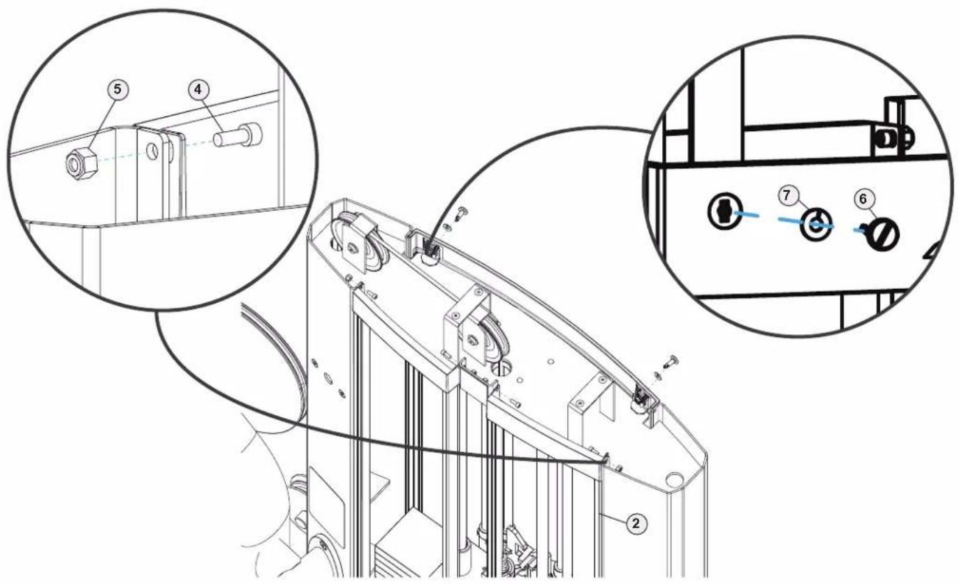 Technical diagram of a mechanical device with numbered components and close-up insets showing labeled parts