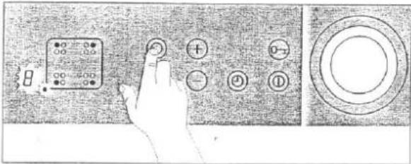Hand-drawn diagram showing a hand pointing at a control panel with labeled buttons and a numeric display.