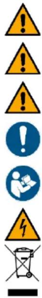 Warning symbols including warning signs, warning circles, and a trash can with a person using a device