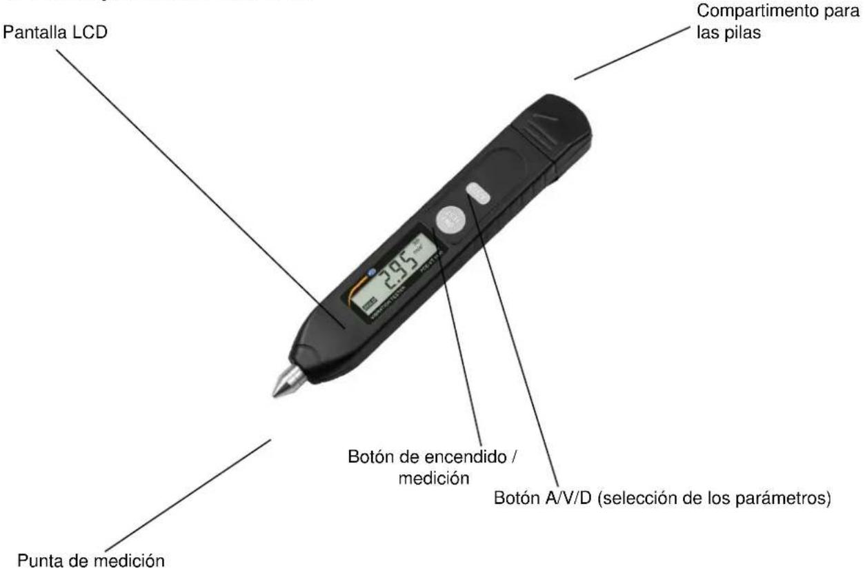 Pantalla LCD Compartimento para las pilas 2.95 Botón de encendido / medición Botón A/V/D (selección de los parámetros) Punta de medición