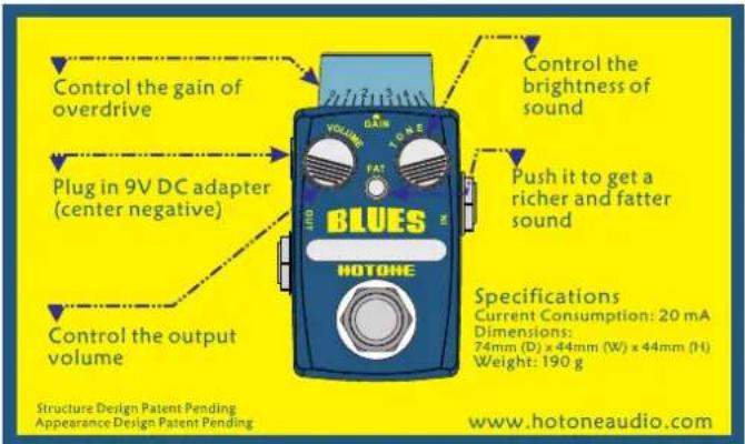 Control the gain of overdrive Plug in 9V DC adapter (center negative) Control the output volume Control the brightness of sound Push it to get a richer and fatter sound BLUES HOTOHE Specifications Current Consumption: 20 mA Dimensions: 74mm (D) x 44mm (W) x 44mm (H) Weight: 190 g Structure Design Patent Pending Appearance Design Patent Pending www.hotoneaudio.com