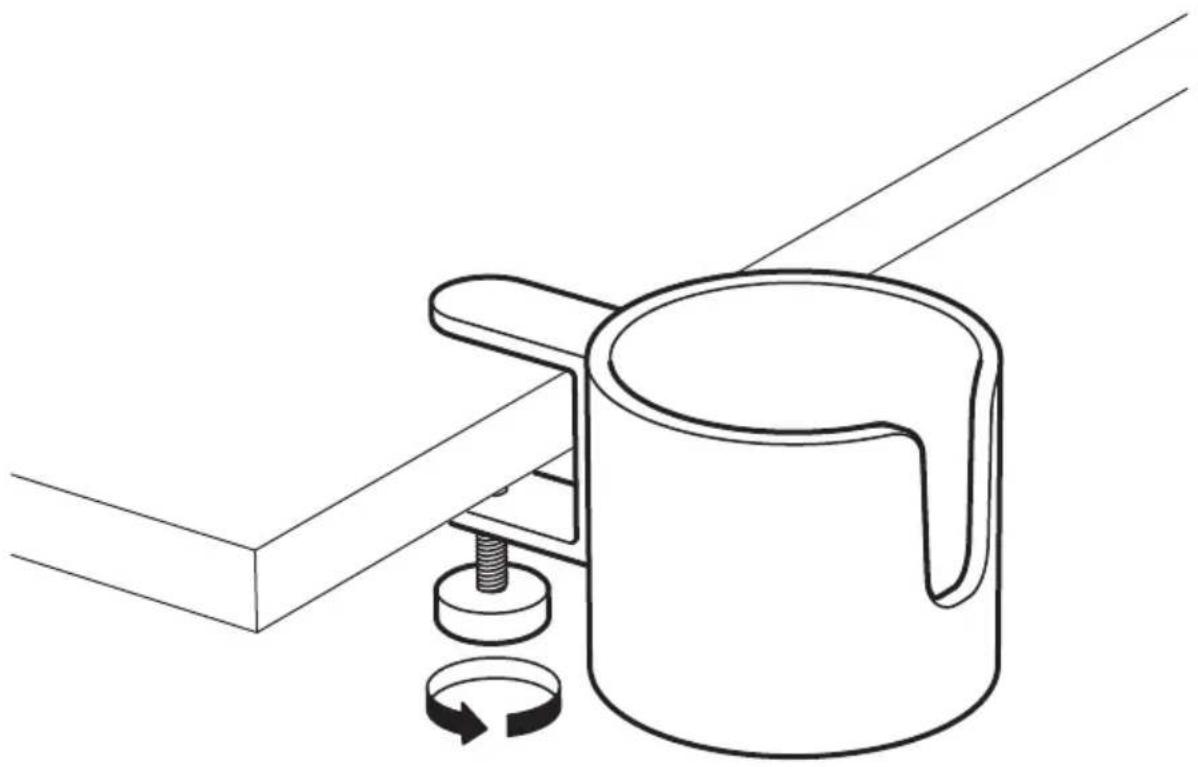Technical line drawing of a mechanical clamp or bracket assembly with a cylindrical component and rotating knob (no text or symbols)