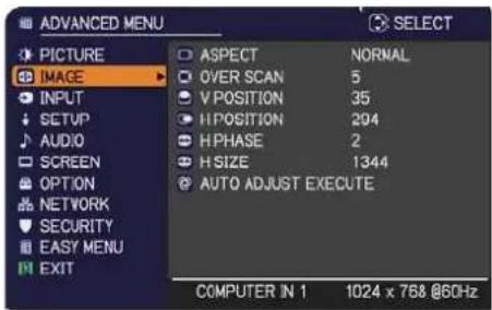 ADANCED MENU PICTURE IMAGE INPUT SETUP AUDIO SCREEN OPTION NETWORK SECURITY EASY MENU EXIT ASPECT NORMAL OVER SCAN 5 V POSITION 35 H POSITION 204 H PHASE 2 H SIZE 1344 AUTO ADJUST EXECUTE COMPUTER IN 1 1024 x 768 @60Hz