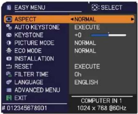 EASY MENU ASPECT AUTO KEYSTONE KEYSTONE PICTURE MODE ECO MODE INSTALLATION RESET FILTER TIME LANGUAGE ADVANCED MENU EXIT 012345678901 NORMAL EXECUTE +0 NORMAL NORMAL EXECUTE Oh ENGLISH COMPUTER IN 1 1024 x 768 @60Hz