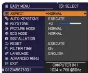 EASY MENU ASPECT AUTO KEYSTONE KEystone PICTURE MODE ECO MODE INSTALLATION RESET FILTER TIME LANGUAGE ADVANCED MENU EXIT NORMAL EXECUTE +0 NORMAL NORMAL EXECUTE Oh ENGLISH 012345678901 COMPUTER IN 1 1024 x 768 @60Hz