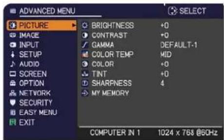 ADANCED MENU PICTURE IMAGE INPUT SETUP AUDIO SCREEN OPTION NETWORK SECURITY EASY MENU EXIT BRIGHTNESS +0 CONTRAST +0 F GAMMA DEFAULT-1 COLOR TEMP MID COLOR +0 TINT +0 SHARPNESS 4 MY MEMORY COMPUTER IN 1 1024 x 768 @60Hz
