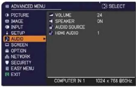 ADVANCED MENU PICTURE IMAGE INPUT SETUP AUDIO SCREEN OPTION NETWORK SECURITY EASY MENU EXIT VOLUME 24 SPEAKER ON AUDIO SOURCE HDMI AUDIO 1 COMPUTER IN 1 1024 x 768 @60Hz SELECT