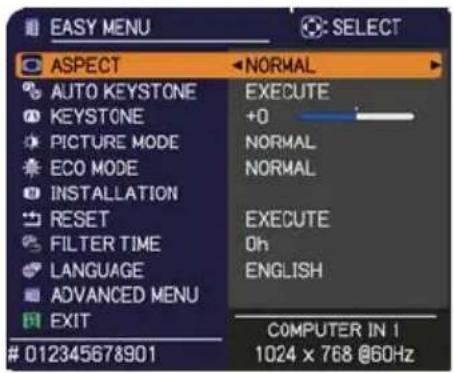 EASY MENU ASPECT AUTO KEYSTONE KEYSTONE PICTURE MODE ECO MODE INSTALLATION RESET FILTER TIME LANGUAGE ADVANCED MENU EXIT 012345678901 NORMAL EXECUTE +0 NORMAL NORMAL EXECUTE Oh ENGLISH COMPUTER IN 1 1024 x 768 @60Hz