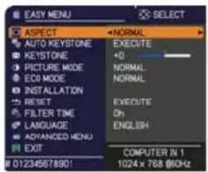 EASY MENU ASPECT AUTO KEYSTONE KEYSTONE PICTURE MODE ECO MODE INSTALLATION RESET FILTER TIME LANGUAGE ADVANCED MENU EXIT NORMAL EXECUTE +0 NORMAL NORMAL EXECUTE Oh ENGLISH COMPUTER IN 1 1024 x 768 @60Hz