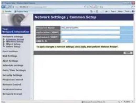 Network Settings / Common Setup Projector Name: img_urlView Reduction (SIMP): Reduction (CIMP): AM3D. B: To apply changes to network settings: click Apply, then perform 'Network Restart'.