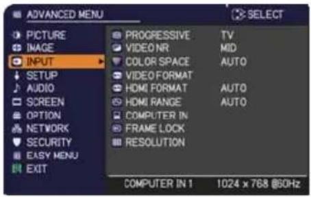ADANCED MENU PICTURE IMAGE INPUT SETUP AUDIO SCREEN OPTION NETWORK SECURITY EASY MENU EXIT PROGRESSIVE TV VIDEO NR MID COLOR SPACE AUTO VIDEO FORMAT HDMI FORMAT AUTO HDMI RANGE AUTO COMPUTER IN FRAME LOCK RESOLUTION COMPUTER IN 1 1024 x 768 @50Hz