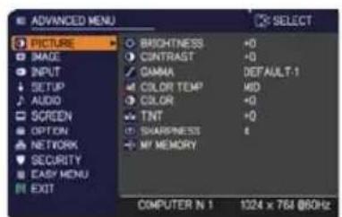 ADANCED MENU PICTURE IMAGE INPUT SETUP AUDIO SCREEN OPTION NETWORK SECURITY EASY MENU EXIT BRIGHTNESS +0 CONTRAST +0 GAMA DEFAULT-1 COLOR TEMP MID COLOR +0 TNT +0 SHARPNESS 8 MY MEMORY COMPUTER N 1 1324 x 764 @60Hz