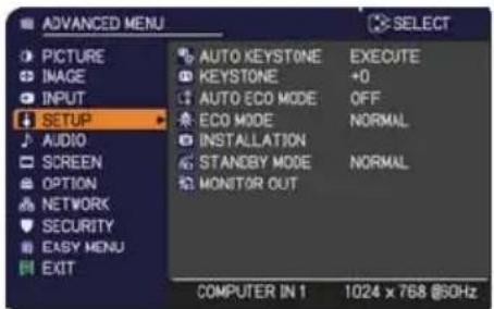 ADANCED MENU PICTURE IMAGE INPUT SETUP AUDIO SCREEN OPTION NETWORK SECURITY EASY MENU EXIT AUTO KEYSTONE KEYSTONE AUTO ECO MODE ECO MODE INSTALLATION STANDBY MODE MONITOR OUT EXECUTE +0 OFF NORMAL NORMAL COMPUTER IN 1 1024 x 768 @SOHz