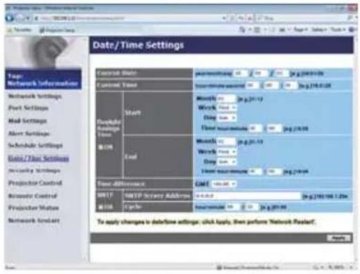 Date / Time Settings Tops Network Information Network Settings Port Settings Mail Settings Alert Settings Schedule Settings Data / Time Settings Security Settings Projector Control Inspector Control Projector Manager Network Sendout Control Time Start End Time Allocation GMT S&P 5000 Security Address S&P 5000 Security Address S&P 5000 Security Address S&P 5000 Security Address S&P 5000 Security Address S&P 5000 Security Address S&P 5000 Security Address S&P 5000 Security Address S&P 5000 Security Address S&P 5000 Security Address S&P 5000 Security Authority S&P 5000 Security Authority S&P 5000 Security Authority S&P 5000 Security Authority S&P 5000 Security Authority S&P 5000 Security Authority S&P 5000 Security Authority S&P 5000 Security Authority S&P 5000 Security Authority To apply changes to offline settings, click apply, then perform Network Provider.