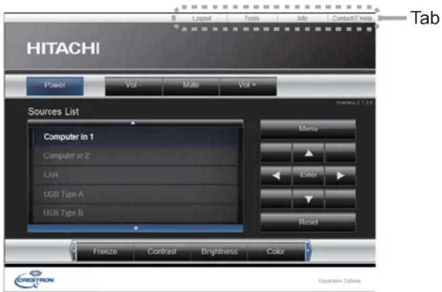 HITACHI Power Vol - Mate Vol + Sources List Computer in 1 Computer in 2 LAN USB Type A USB Type B Menu Enter Reset Freeze Contrast Brightness Color Tab CRESTRON Expansion Options