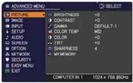 ADANCED MENU PICTURE IMAGE INPUT SETUP AUDIO SCREEN OPTION NETWORK SECURITY EASY MENU EXIT BRIGHTNESS +0 CONTRAST +0 GAVAMA DEFAULT-1 COLOR TEMP MID COLOR +0 TINT +0 SHARPNESS 4 MY MEMORY COMPUTER IN 1 1024 x 768 @60Hz