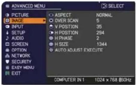 ADANCED MENU PICTURE INAGE INPUT SETUP AUDIO SCREEN OPTION NETWORK SECURITY EASY MENU EXIT ASPECT NORMAL OVER SCAN 5 V POSITION 35 H POSITION 294 H PHASE 2 H SIZE 1344 AUTO ADJUST EXECUTE COMPUTER IN 1 1024 x 768 @50Hz