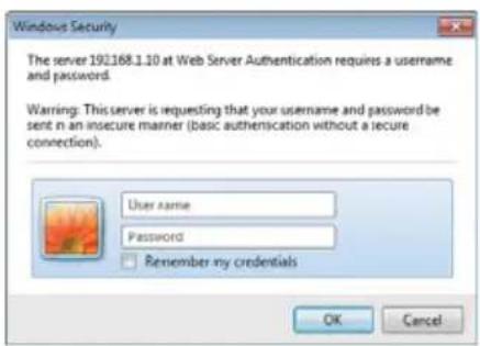 Windows Security The server 191168.1.10 at Web Server Authentication requires a username and password. Warning: This server is requesting that your username and password be sent in an insecure manner (basic authentication without a secure connection). User name Password Remember my credentials OK Cancel