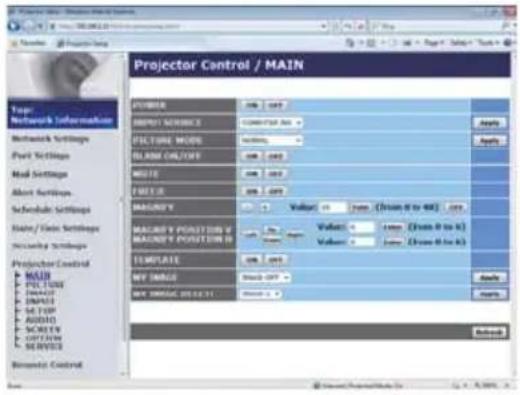 Projector Control / MAIN Projector Control / MAIN Projector Network Information Network Settings Port Settings Mail Settings Alert Settings Schedule Settings Name/File Settings Security Settings Projector Control + MAIN + PULUAY + SINTO + EMAU + SETUP + AUDS + SCREY + SYSTEM + SERVICE Dynamic Control