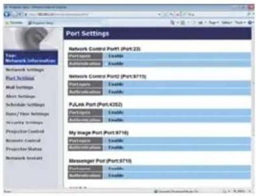 Port Settings Network Control Port1 (Port:23) Port1 Accessible Accessible Network Control Port2 (Port:9715) Port1 Accessible Accessible PJLink Port (Port:4352) Port1 Accessible Accessible My Image Port (Port:9716) Port1 Accessible Accessible Messenger Port (Port:9718) Port1 Accessible Accessible Accessible