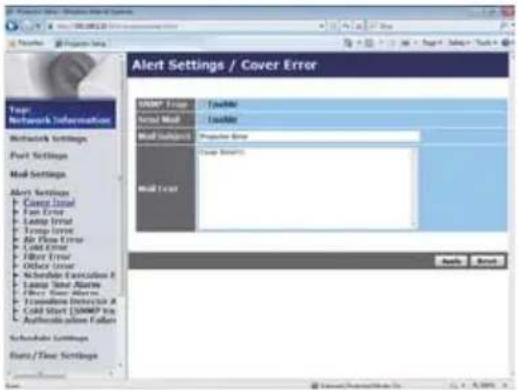 Alert Settings / Cover Error User Error Mail Error Mail Subject User Error Mail Error Schedule Settings Start/Time Settings Apply Next