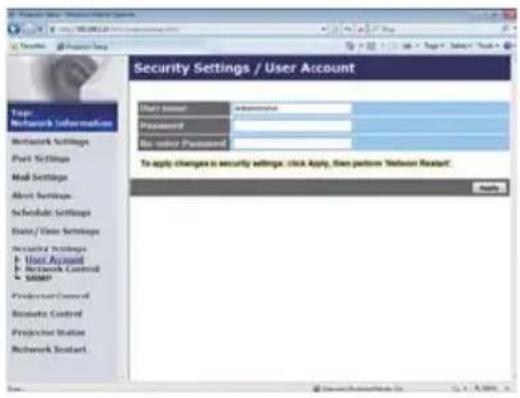 Security Settings / User Account User account: admin/xxx Password: No answer Password: To apply changes to security settings, click Apply, then perform "between Restart." Options