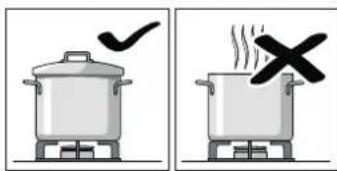 Illustration showing two cooking pots with checkmarks and a crossed-out 'X' symbol, likely indicating cooking or heating conditions.