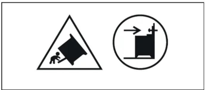 Warning sign with pictogram of a person pulling a large block, next to a circular diagram showing a moving platform with an upward arrow.