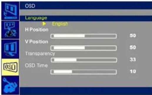 OSD Language English H Position 50 V Position 50 Transparency 33 OSD Time 10