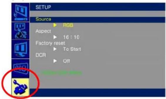 SETUP Source RGB Aspect 16 : 10 Factory reset To Start DCR Off