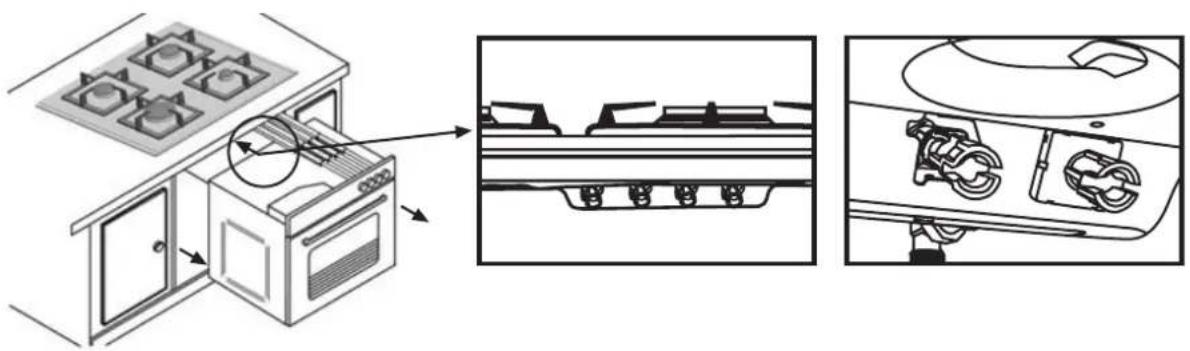 Diagram showing home oven installation with gas stove, fan, and electrical switch components, including close-up views of internal structure.