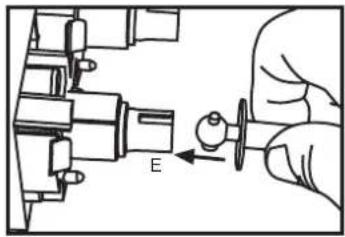 Technical diagram showing a hand operating a mechanical component labeled 'E' with directional arrow indicating movement or assembly.