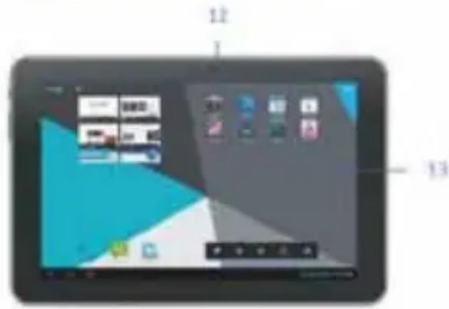 Diagram of a tablet device with labeled UI elements and screen layout, showing icons for desktops, apps, and navigation controls.