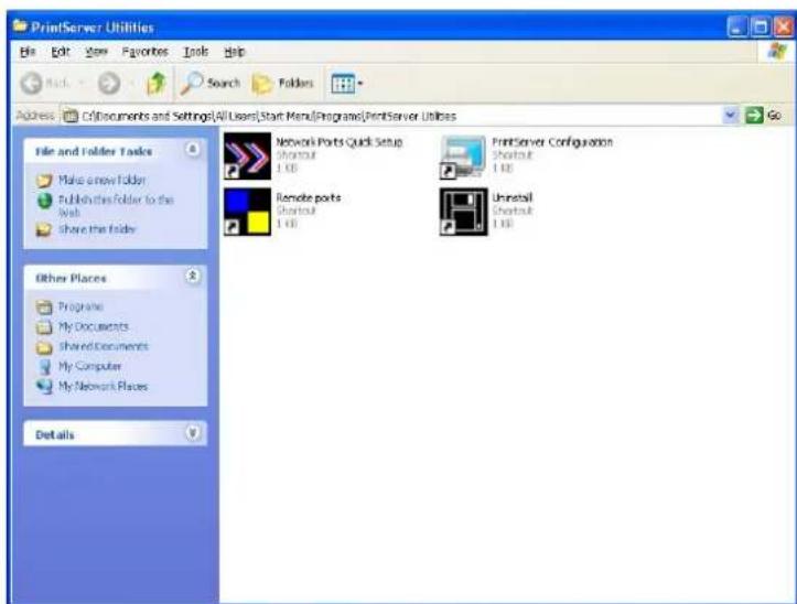 PrintServer Utilities File Edit View Favorites Tools Help Back Search Folders Address C:\Documents and Settings\All Users\Start Menu\Programs\PrintServer Utilities Go File and Folder Tasks Make new Folder Publishing Folder to the Web Share this Folder Network Ports Quick Setup Shortleaf 1 KB Remote ports Shortleaf 1 KB PrintServer Configuration Shortleaf 1 KB Uninstall Shortleaf 1 KB Other Places Programs My Documents Shared Documents My Computer My Network Places Details