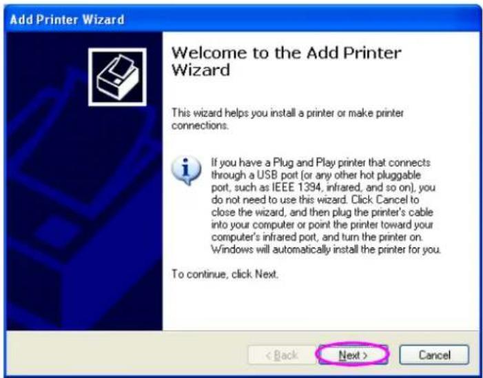 Add Printer Wizard Welcome to the Add Printer Wizard This wizard helps you install a printer or make printer connections. If you have a Plug and Play printer that connects through a USB port (or any other hot pluggable port, such as IEEE 1394, infrared, and so on), you do not need to use this wizard. Click Cancel to close the wizard, and then plug the printer's cable into your computer or point the printer toward your computer's infrared port, and turn the printer on. Windows will automatically install the printer for you. To continue, click Next. < Back Next > Cancel