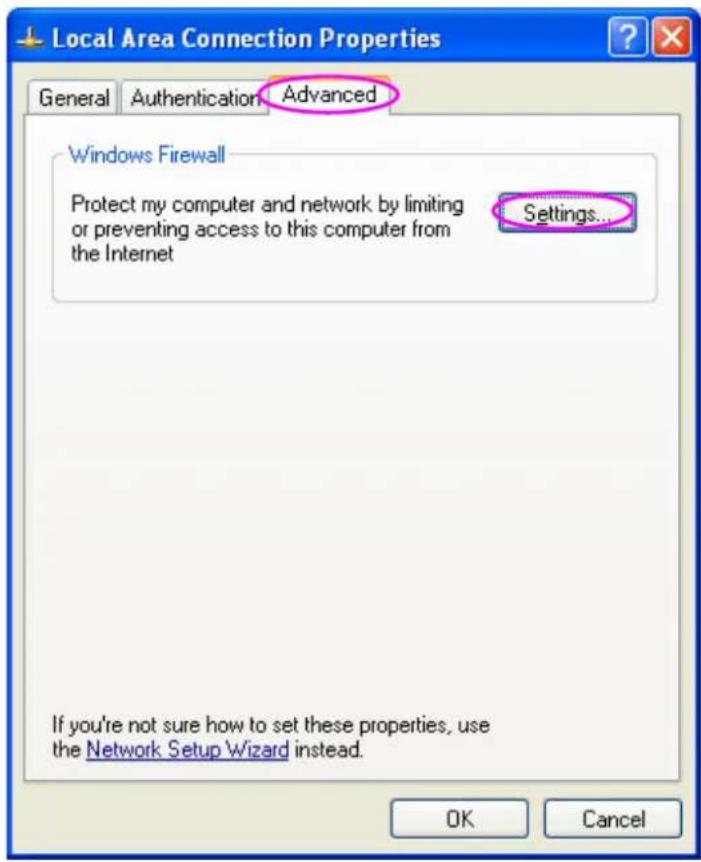Local Area Connection Properties General Authentication Advanced Windows Firewall Protect my computer and network by limiting or preventing access to this computer from the Internet Settings... If you're not sure how to set these properties, use the Network Setup Wizard instead. OK Cancel