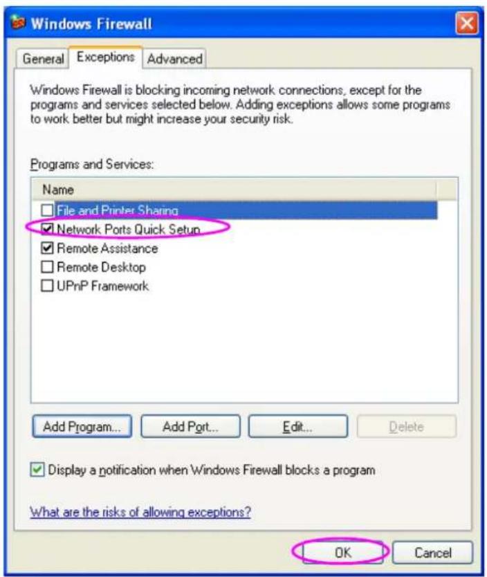 Windows Firewall General Exceptions Advanced Windows Firewall is blocking incoming network connections, except for the programs and services selected below. Adding exceptions allows some programs to work better but might increase your security risk. Programs and Services: Name □ File and Printer Sharing ✓ Network Ports Quick Setup ✓ Remote Assistance □ Remote Desktop □ UPnP Framework Add Program... Add Port... Edit... Delete ✓ Display a notification when Windows Firewall blocks a program What are the risks of allowing exceptions? OK Cancel