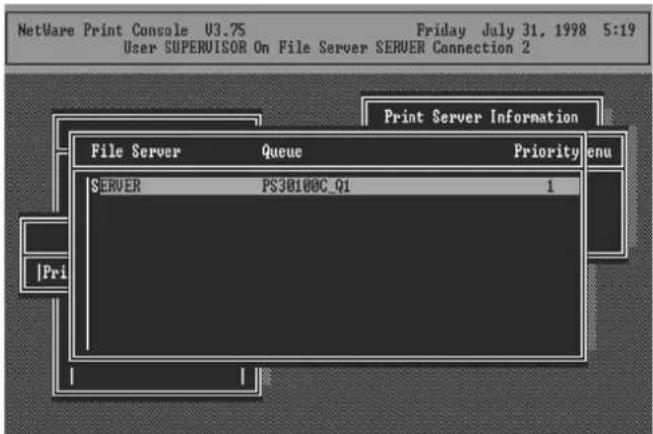 NetWare Print Console U3.75 User SUPERVISOR On File Server SERVER Connection 2 Print Server Information File Server Queue Priority SERVER PS38100C Q1 1 |Pri