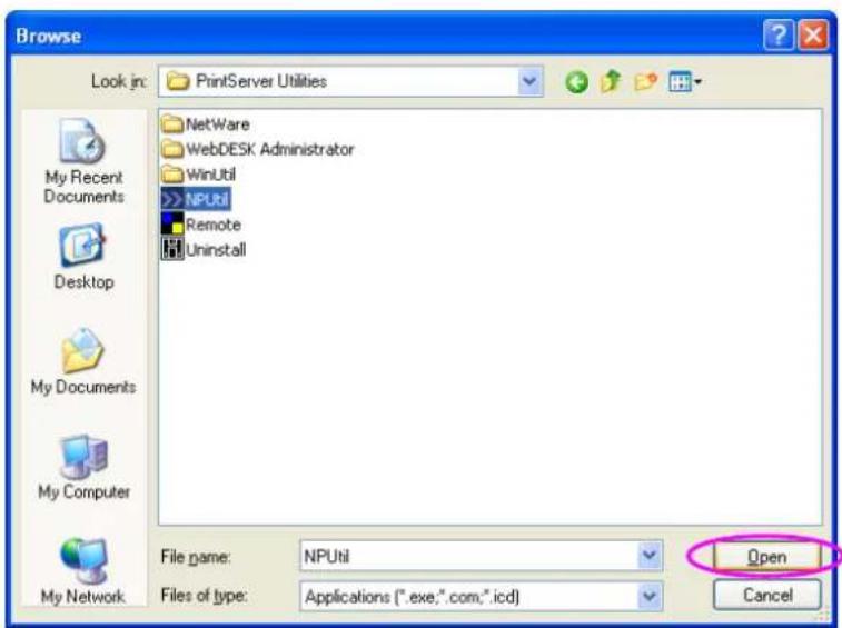Browse Look inc: PrintServer Utilities My Recent Documents Desktop My Documents My Computer My Network NetWare WebDESK Administrator WinUtil NPUM Remote Uninstall File name: NPUtil Files of type: Applications (*.exe;*.com;*.icd) Open Cancel