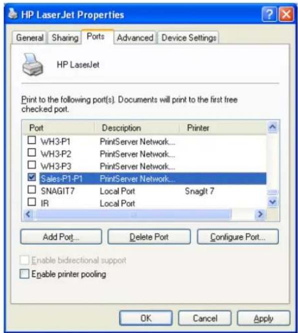 HP LaserJet Properties General Sharing Ports Advanced Device Settings HP LaserJet Print to the following port(s). Documents will print to the first free checked port. Port Description Printer □ WH3-P1 PrintServer Network... □ WH3-P2 PrintServer Network... □ WH3-P3 PrintServer Network... ✓ Sales-P1-P1 PrintServer Network... □ SNAGIT7 Local Port Snaglt 7 □ IR Local Port Add Port... Delete Port Configure Port... Enable bidirectional support Enable printer pooling OK Cancel Apply