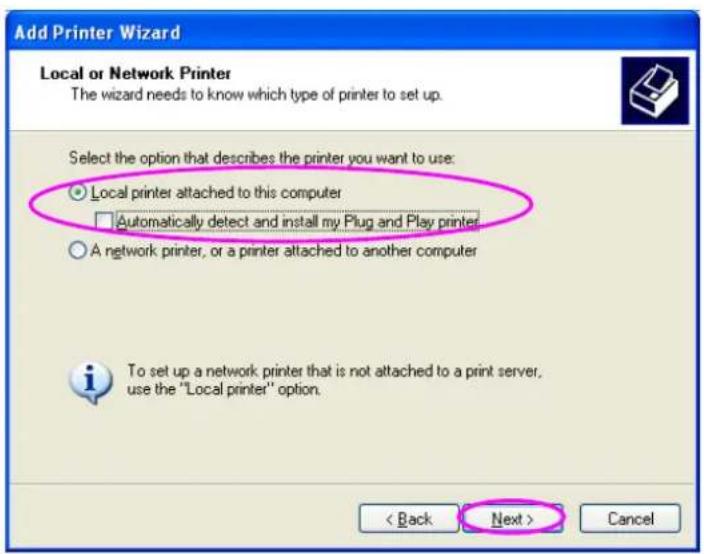 Add Printer Wizard Local or Network Printer The wizard needs to know which type of printer to set up. Select the option that describes the printer you want to use: ● Local printer attached to this computer □ Automatically detect and install my Plug and Play printer ○ A network printer, or a printer attached to another computer To set up a network printer that is not attached to a print server, use the "Local printer" option. < Back Next > Cancel