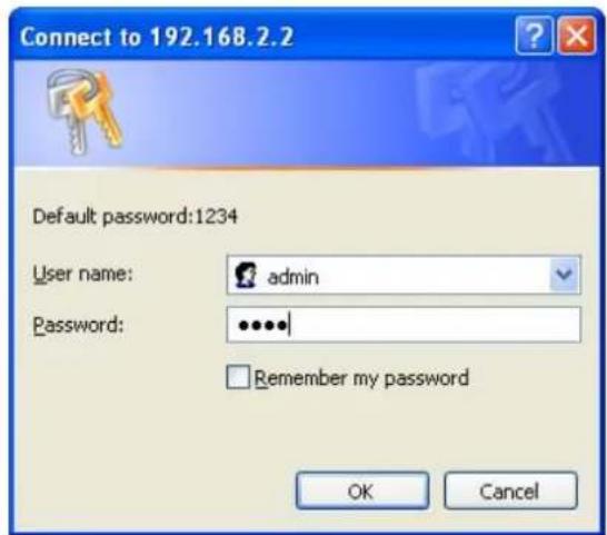 Connect to 192.168.2.2 Default password:1234 User name: admin Password: ••••• Remember my password OK Cancel