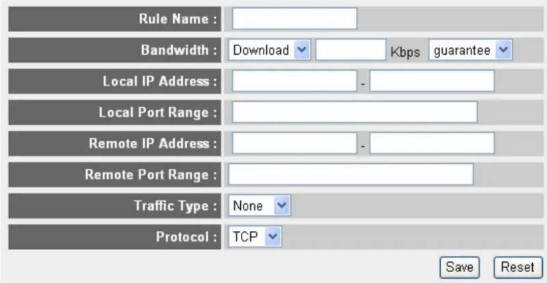 Rule Name : Bandwidth : Download Kbps guarantee Local IP Address : Local Port Range : Remote IP Address : Remote Port Range : Traffic Type : None Protocol : TCP Save Reset
