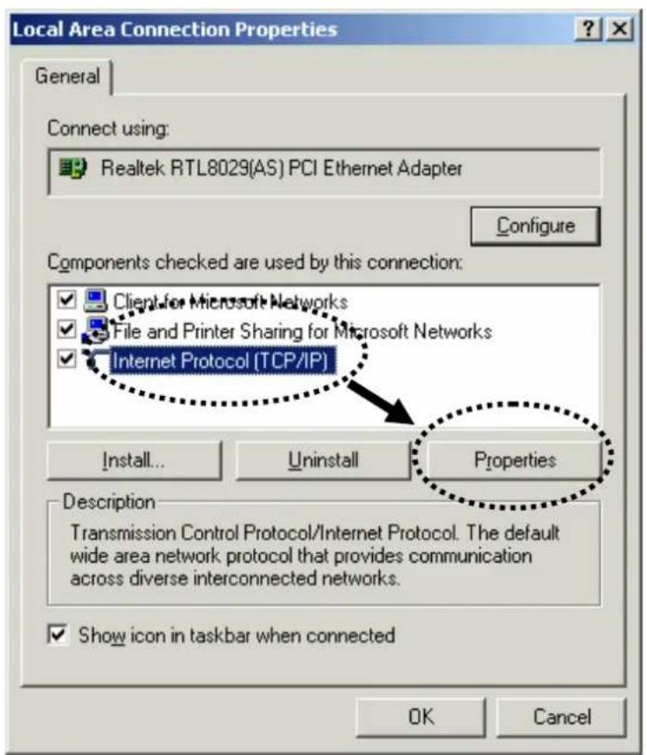 Local Area Connection Properties General Connect using: Realtek RTL8029(AS) PCI Ethernet Adapter Configure Components checked are used by this connection: Client for Microsoft Networks File and Printer Sharing for Microsoft Networks Internet Protocol (TCP/IP) Install... Uninstall Properties Description Transmission Control Protocol/Internet Protocol. The default wide area network protocol that provides communication across diverse interconnected networks. Show icon in taskbar when connected OK Cancel