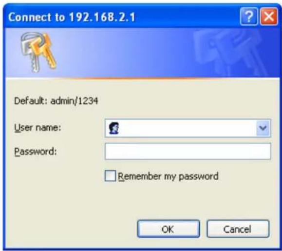Connect to 192.168.2.1 Default: admin/1234 User name: Password: Remember my password OK Cancel