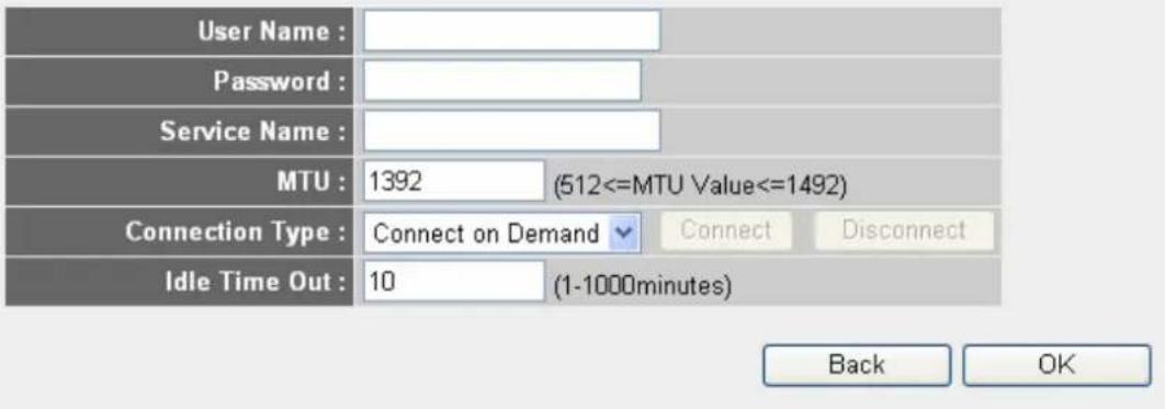 User Name : Password : Service Name : MTU : 1392 (512<=MTU Value<=1492) Connection Type : Connect on Demand Connect Disconnect Idle Time Out : 10 (1-1000minutes) Back OK