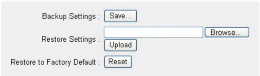 Backup Settings : Save... Restore Settings : Browse... Upload Restore to Factory Default : Reset