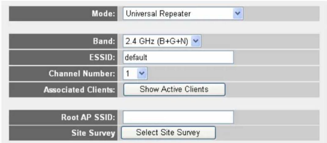Mode: Universal Repeater Band: 2.4 GHz (B+G+N) ESSID: default Channel Number: 1 Associated Clients: Show Active Clients Root AP SSID: Site Survey Select Site Survey